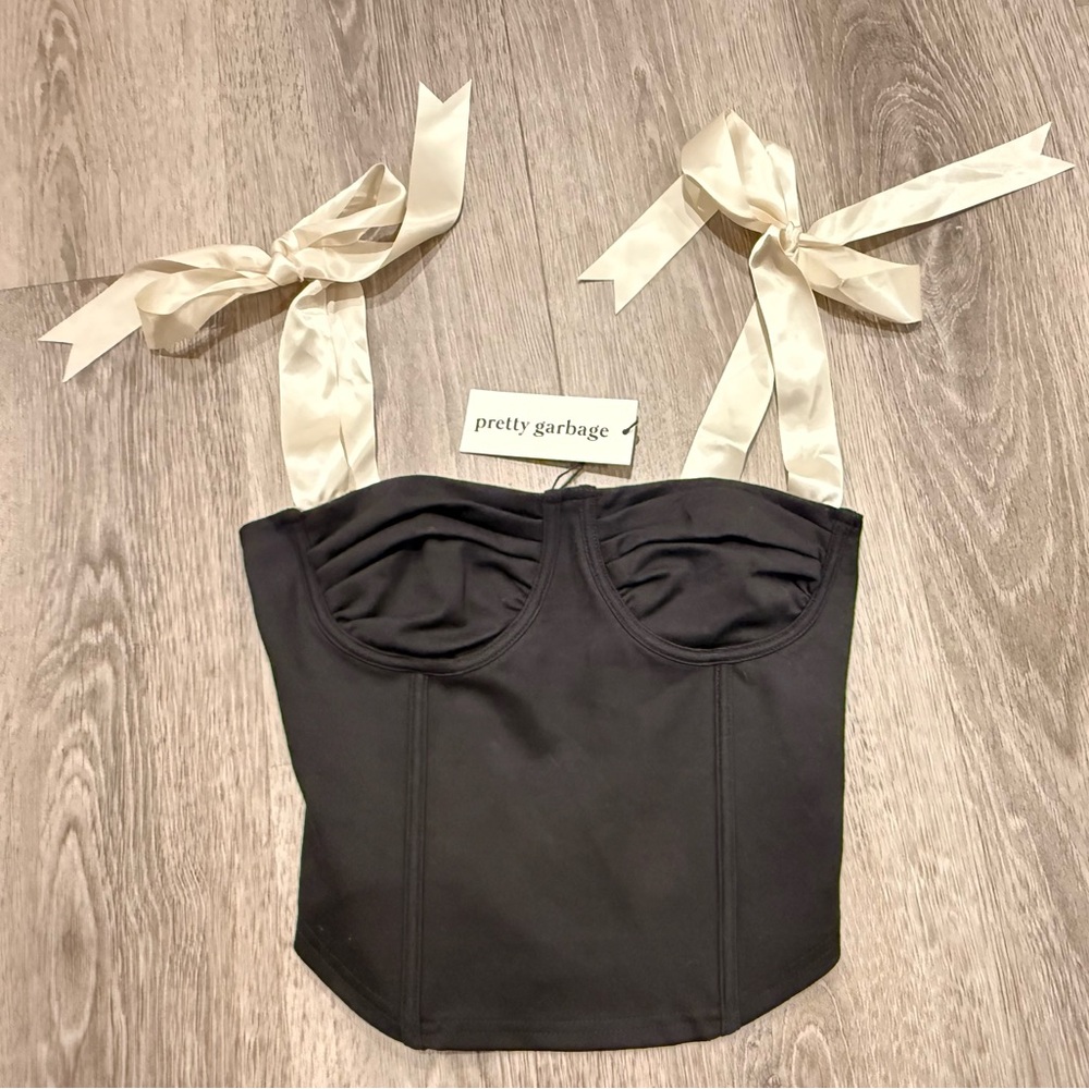 PRETTY GARBAGE Sexy Cute Black Corset Top Cream Satin ribbon Straps NWT Sz Med